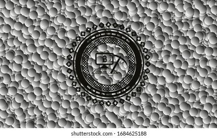 icono de minería de bitcoin dentro del emblema negro con fondo de burbujas grises. Ilustración vectorial. Detallado.