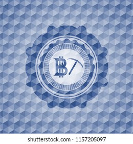 bitcoin mining icon inside blue polygonal emblem.