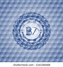 bitcoin mining icon inside blue hexagon emblem.