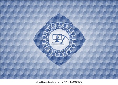 bitcoin mining icon inside blue badge with geometric background.