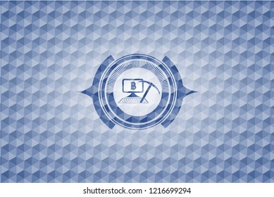 bitcoin mining icon inside blue emblem with geometric pattern.
