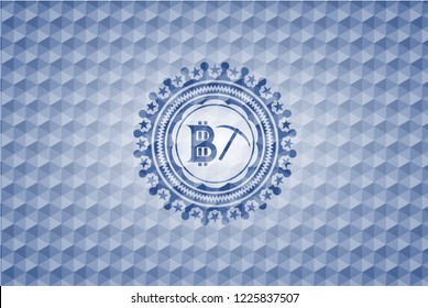 bitcoin mining icon inside blue emblem with geometric background.