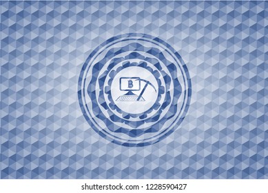bitcoin mining icon inside blue hexagon badge.