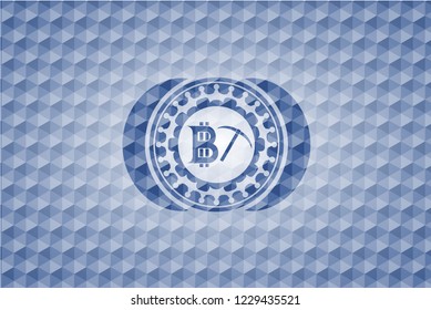 bitcoin mining icon inside blue emblem or badge with abstract geometric polygonal pattern background.
