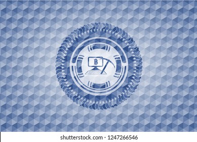 bitcoin mining icon inside blue badge with geometric background.