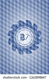 bitcoin mining icon inside blue emblem with geometric pattern background.