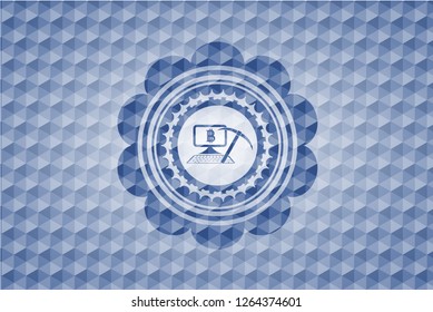 bitcoin mining icon inside blue badge with geometric background.