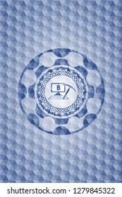 bitcoin mining icon inside blue emblem or badge with geometric pattern background.
