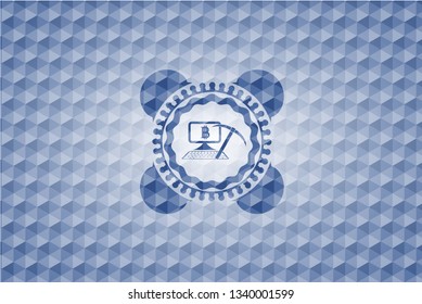bitcoin mining icon inside blue polygonal badge.