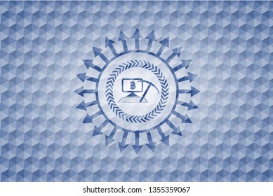 bitcoin mining icon inside blue emblem or badge with abstract geometric pattern background.