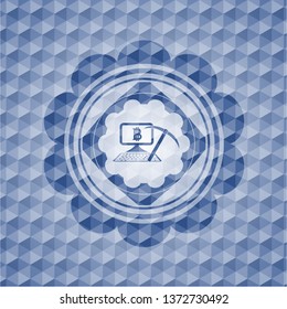 bitcoin mining icon inside blue hexagon emblem.