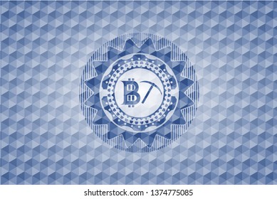 bitcoin mining icon inside blue emblem with geometric pattern background.