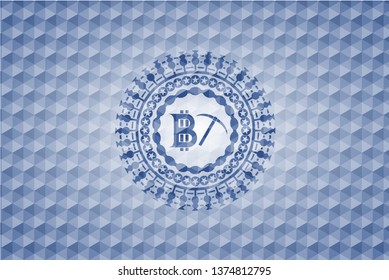 bitcoin mining icon inside blue emblem with geometric pattern.