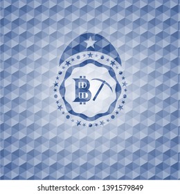 bitcoin mining icon inside blue badge with geometric background.