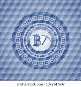 bitcoin mining icon inside blue polygonal emblem.