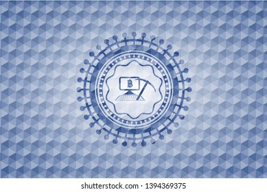 bitcoin mining icon inside blue polygonal emblem.