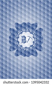 bitcoin mining icon inside blue hexagon emblem.