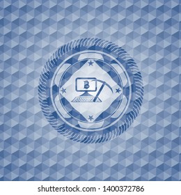 bitcoin mining icon inside blue emblem with geometric pattern.