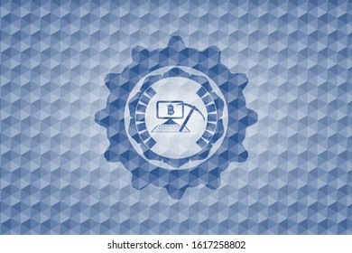 bitcoin mining icon inside blue badge with geometric pattern background.