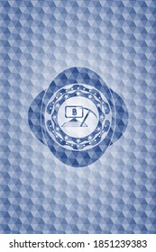 bitcoin mining icon inside blue polygonal emblem. 