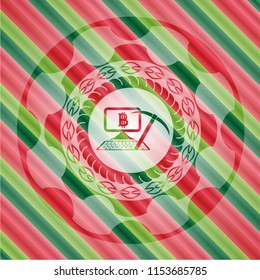 bitcoin mining icon inside christmas colors style emblem.