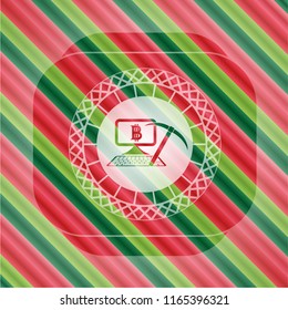 bitcoin mining icon inside christmas style emblem.