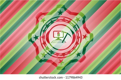 bitcoin mining icon inside christmas badge background.