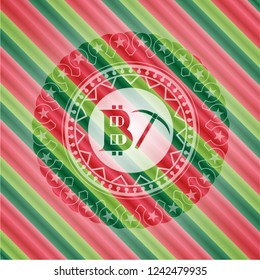 bitcoin mining icon inside christmas colors badge.
