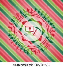 bitcoin mining icon inside christmas emblem background.