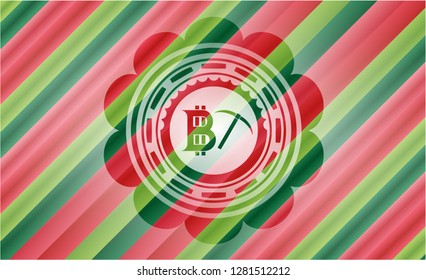 bitcoin mining icon inside christmas colors badge.