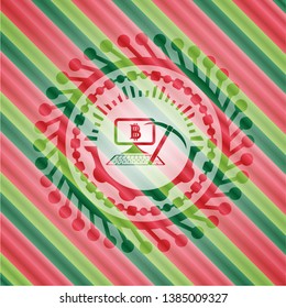 bitcoin mining icon inside christmas colors badge.