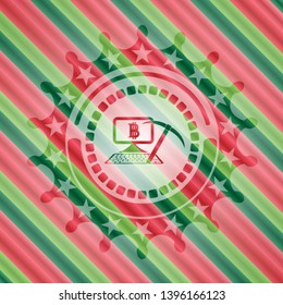 bitcoin mining icon inside christmas style emblem.
