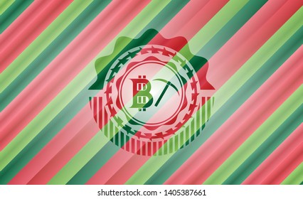 bitcoin mining icon inside christmas colors emblem.