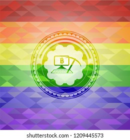 bitcoin mining icon inside emblem on mosaic background with the colors of the LGBT flag