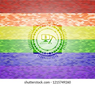 bitcoin mining icon inside emblem on mosaic background with the colors of the LGBT flag