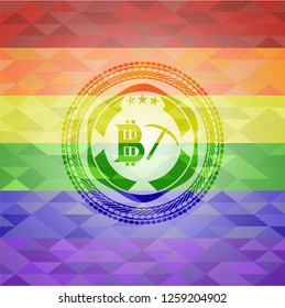 bitcoin mining icon inside emblem on mosaic background with the colors of the LGBT flag