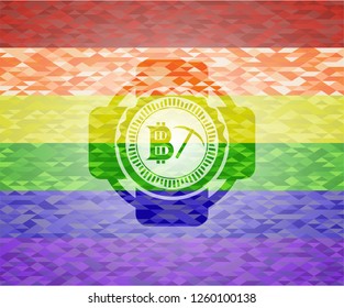 bitcoin mining icon inside emblem on mosaic background with the colors of the LGBT flag