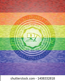 bitcoin mining icon inside emblem on mosaic background with the colors of the LGBT flag