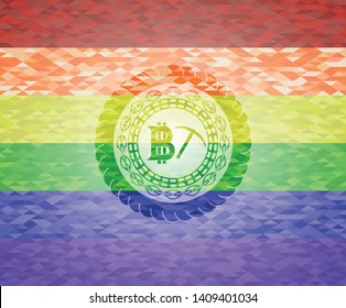 bitcoin mining icon inside emblem on mosaic background with the colors of the LGBT flag