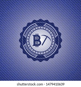 bitcoin mining icon inside emblem with denim texture