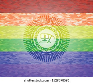 bitcoin mining icon inside emblem on mosaic background with the colors of the LGBT flag