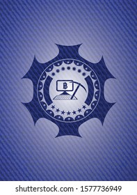 bitcoin mining icon inside emblem with denim texture