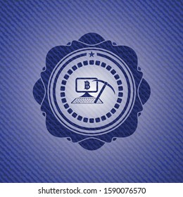 bitcoin mining icon inside emblem with denim texture