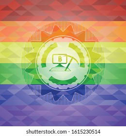 bitcoin mining icon inside emblem on mosaic background with the colors of the LGBT flag