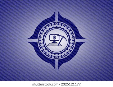 bitcoin mining icon inside emblem with denim high quality background. 
