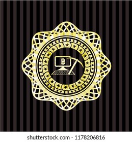 bitcoin mining icon inside gold emblem or badge