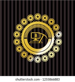 bitcoin mining icon inside gold emblem or badge
