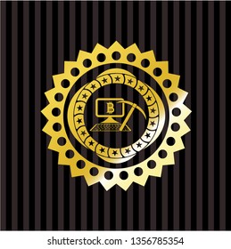bitcoin mining icon inside gold emblem