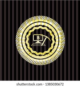bitcoin mining icon inside gold shiny badge