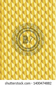 bitcoin mining icon inside gold emblem or badge. Scales pattern. Vector Illustration. Detailed.